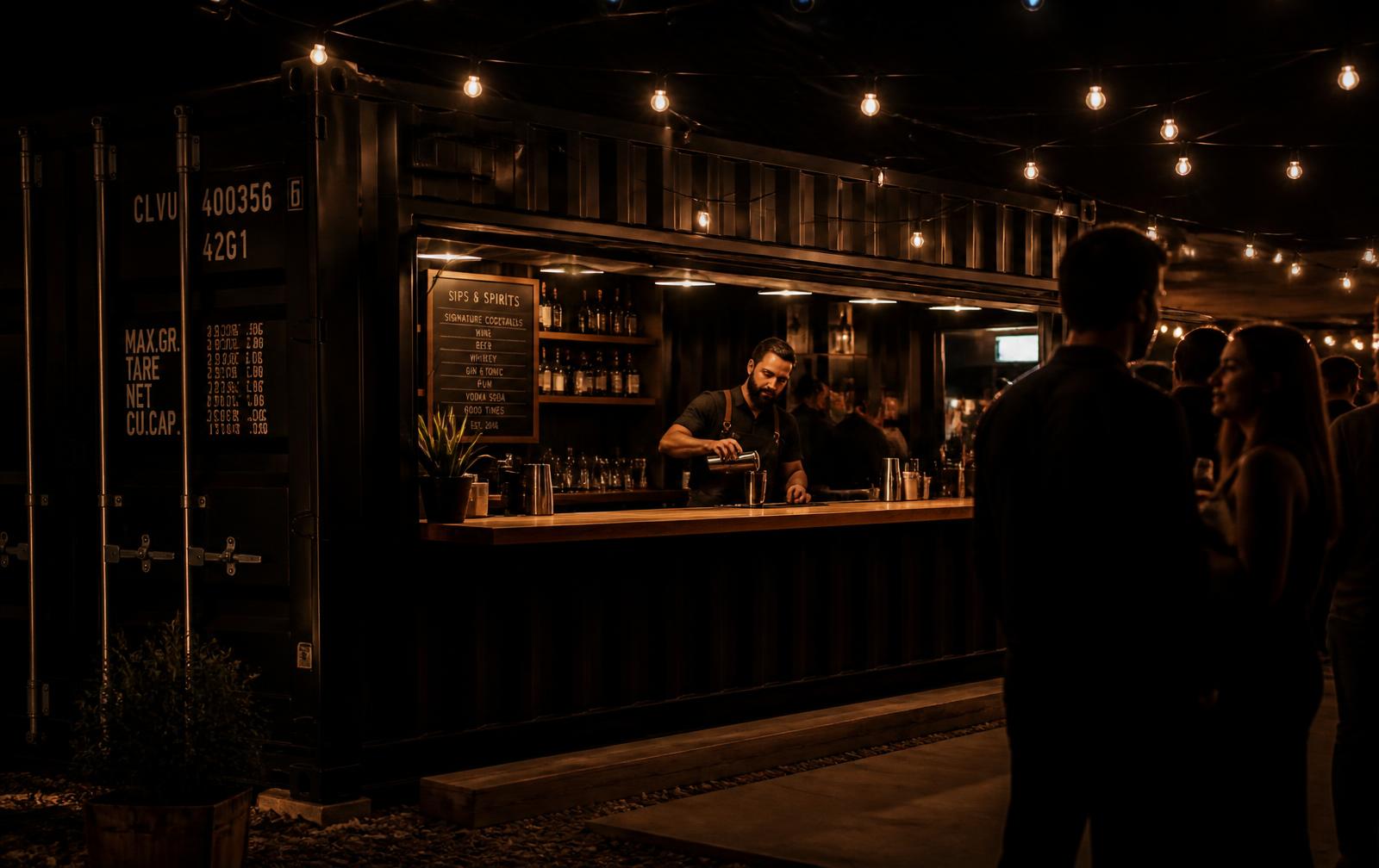 Incognito Mobile Bar container bar lit by string lights at an evening event